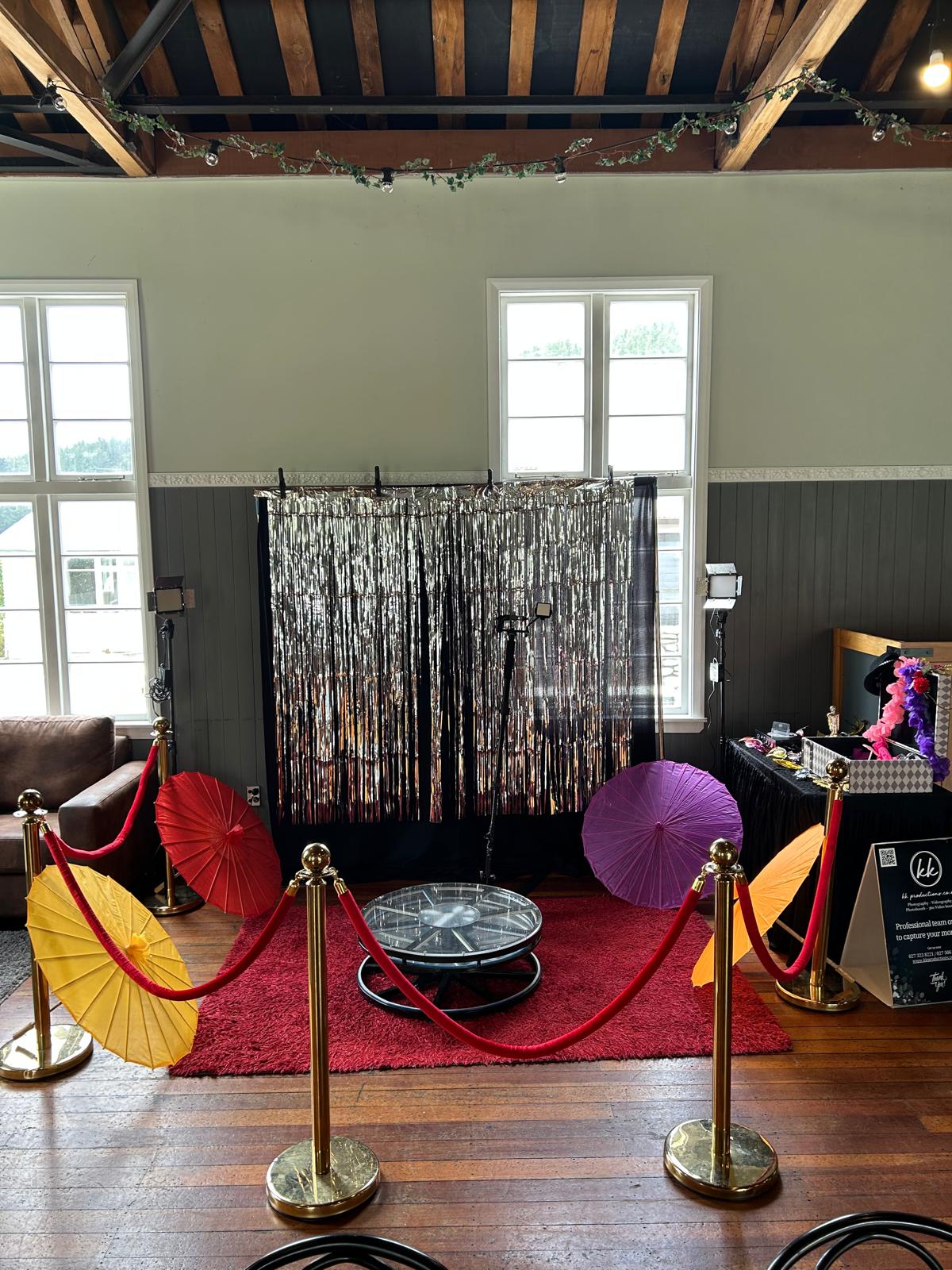 360 degree video booth event experience setup with backdrop and lighting for weddings and parties in Wellington