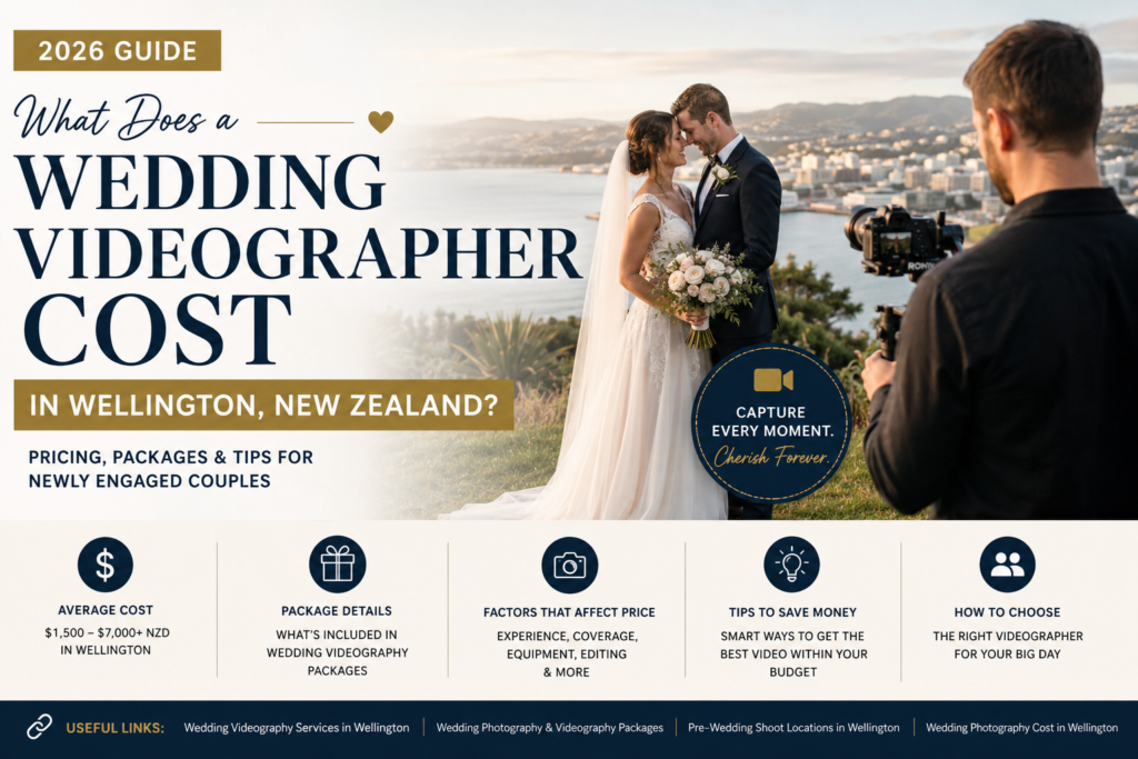 Wedding videographer filming couple in Wellington New Zealand with scenic waterfront view – wedding videographer cost guide 2026