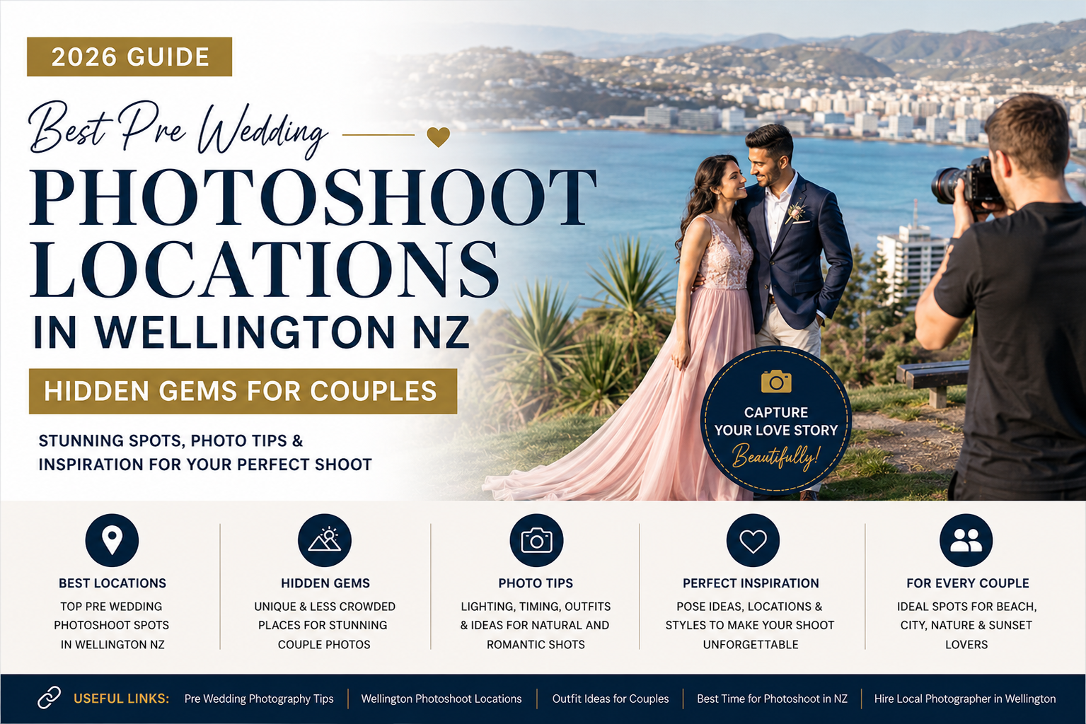 Pre wedding couple photoshoot in Wellington NZ with scenic harbor background and professional photographer capturing romantic moments at sunset.