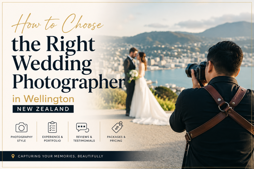 wedding photographer Wellington New Zealand capturing bride and groom with city landscape background
