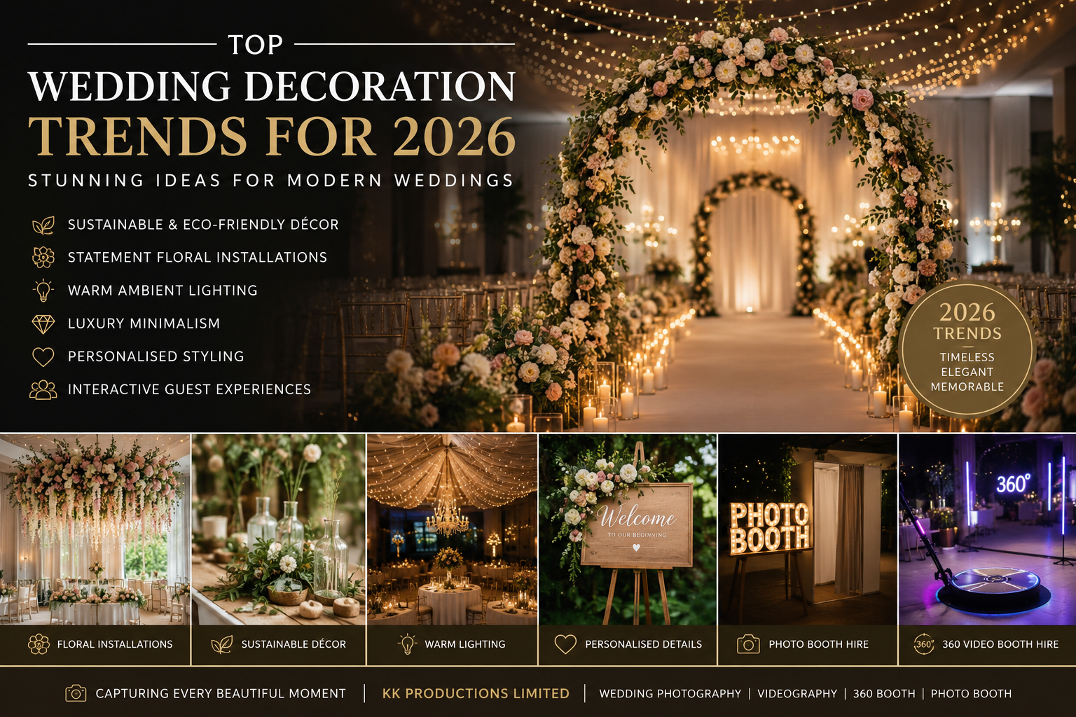 Top Wedding Decoration Trends for 2026 featuring elegant floral arches, luxury wedding décor, ambient lighting, and Wedding Photography Wellington inspiration.