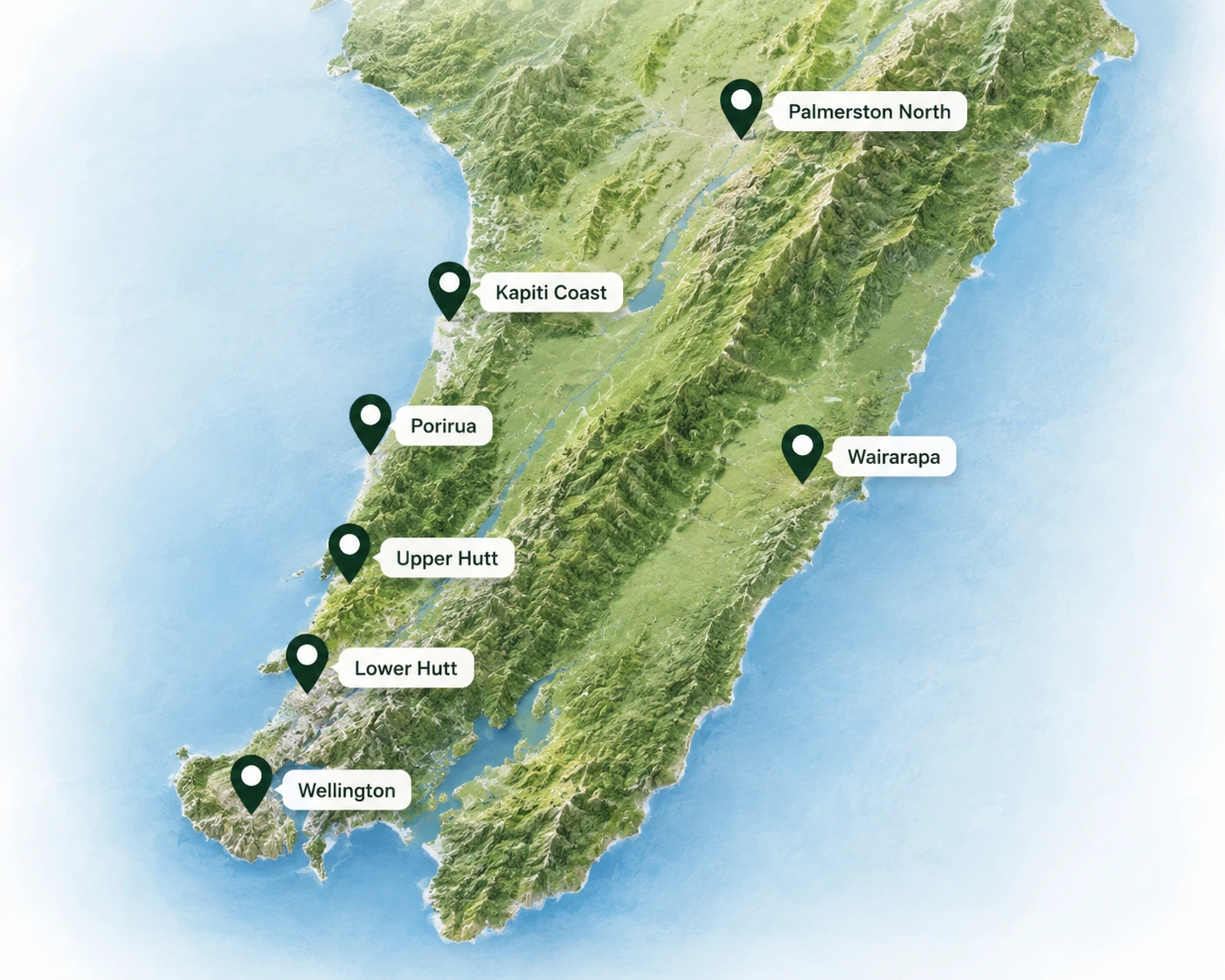 New Zealand wedding photography service areas map covering Wellington, Lower Hutt, Upper Hutt, Porirua, Kapiti Coast, Wairarapa and Palmerston North by KK Productions.