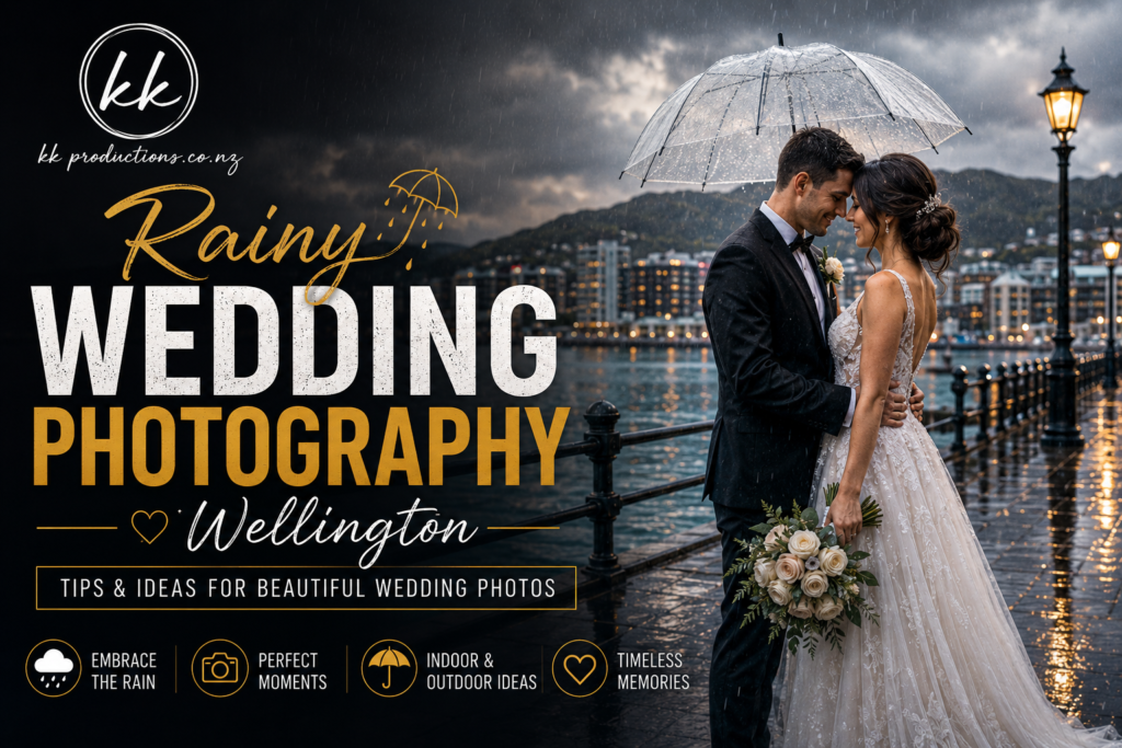 Rainy wedding photography Wellington with couple under umbrella